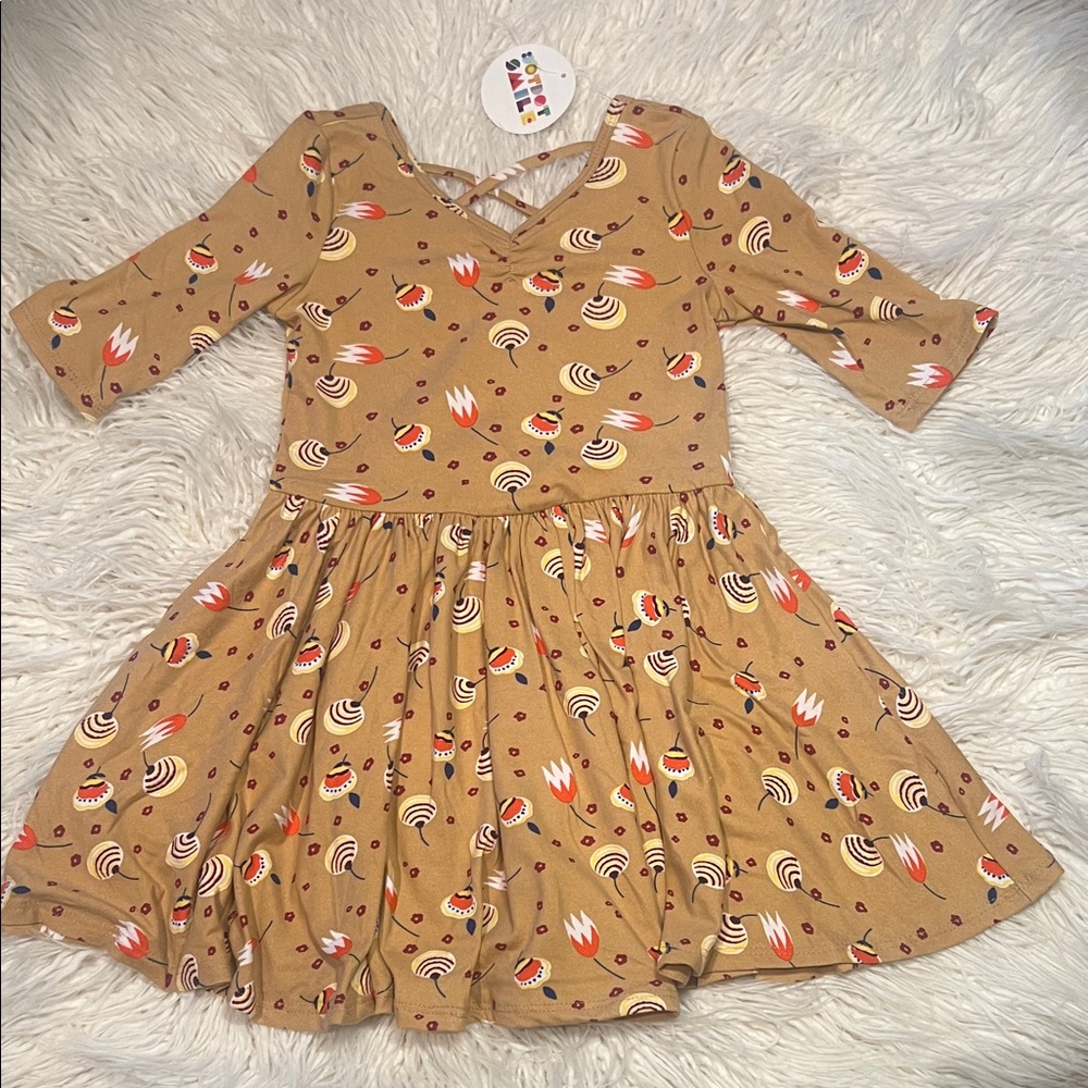 Dot Dot Smile Kids Dress in Tan with Colorful Patterns